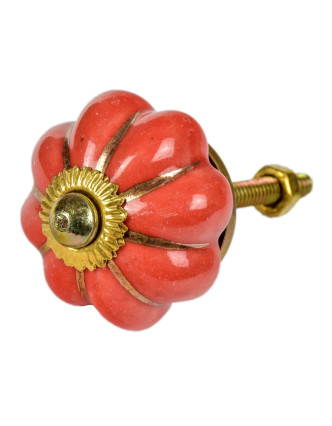 Malovaná porcelánová úchytka na šuplík, červená, tvar květu, zlaté paprsky 3,8cm