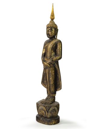 Narozeninový Buddha, neděle, teak, černo - zlatá patina, 35cm