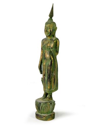 Narozeninový Buddha, pondělí, teak, zelená patina, 35cm