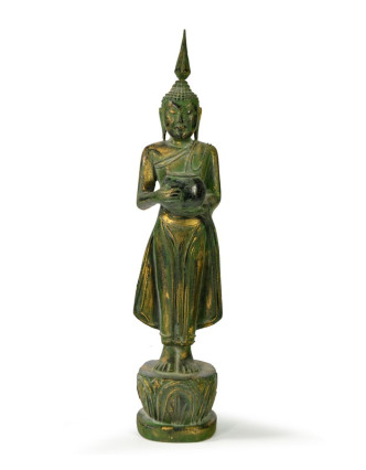 Narozeninový Buddha, středa, teak, zelená patina, 35cm