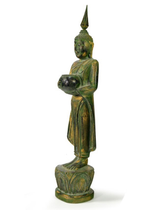 Narozeninový Buddha, středa, teak, zelená patina, 35cm