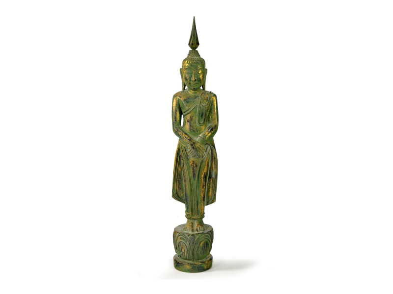 Narozeninový Buddha, neděle, teak, zelená patina, 35cm