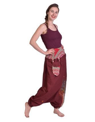 Vínové turecké kalhoty, "Tree design", barevná výšivka, kapsička, bobbin