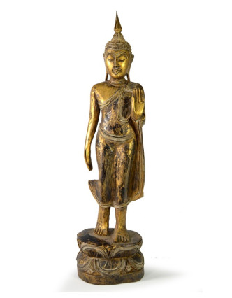 Narozeninový Buddha, pondělí, teak, zlatá patina, 50cm