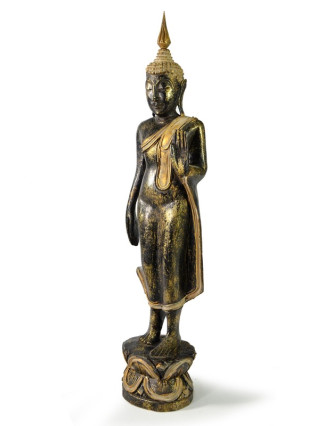 Narozeninový Buddha, pondělí, teak, černo-zletá patina, 50cm