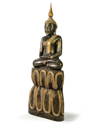 Narozeninový Buddha, čtvrtek, teak, černo - zlatá patina, 50cm