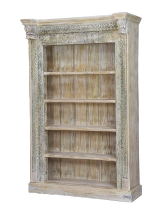 Knihovna z antik teakového dřeva, zdobená řezbami, bílá patina, 125x52x207cm