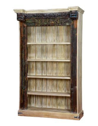 Knihovna z antik teakového dřeva, zdobená řezbami, bílá, 125x52x207cm