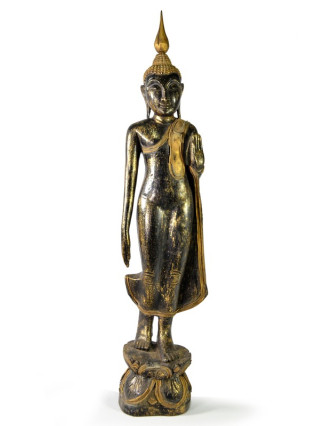 Narozeninový Buddha, pondělí, teak, černo - zlatá patina, 63cm