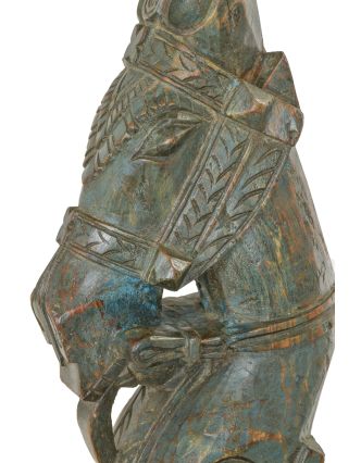 Starožitná hlava koně z teakového dřeva, šedo modrá, 20x26x72cm