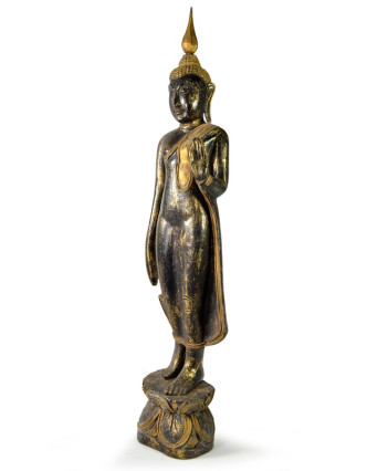 Narozeninový Buddha, pondělí, teak, černo - zlatá patina, 63cm
