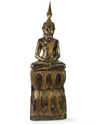 Narozeninový Buddha, čtvrtek, teak, černo - zlatá patina, 63cm