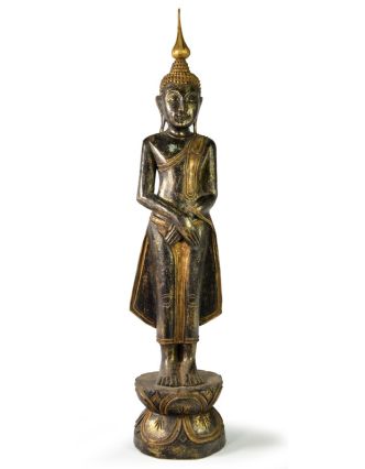 Narozeninový Buddha, neděle, teak, černo - zlatá patina, 63cm