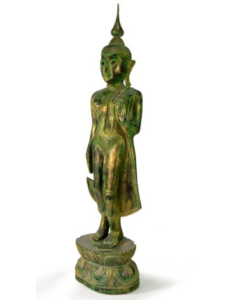 Narozeninový Buddha, pondělí, teak, zelená patina, 63cm
