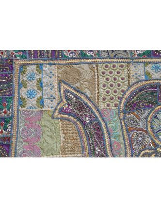 Patchworková tapiserie z Rajastanu, ruční práce, fialový slon, 148x108cm