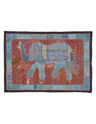 Patchworková tapiserie z Rajastanu, ruční práce, modrý slon, 152x106cm