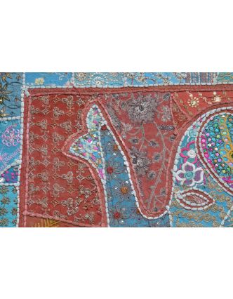 Patchworková tapiserie z Rajastanu, ruční práce, modrý slon, 152x106cm