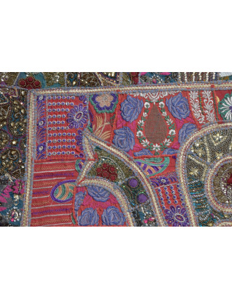 Patchworková tapiserie z Rajastanu, ruční práce, smaragdový slon, 152x108cm