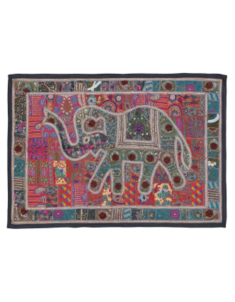 Patchworková tapiserie z Rajastanu, ruční práce, smaragdový slon, 152x108cm