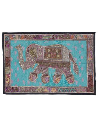Patchworková tapiserie z Rajastanu, ruční práce, slon, pistáciová 148x100cm