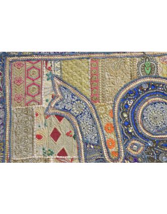 Patchworková tapiserie z Rajastanu, ruční práce, slon, žlutá, 152x106cm