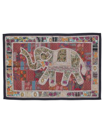 Patchworková tapiserie z Rajastanu, ruční práce, slon, vínová 152x104cm