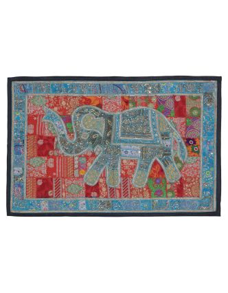 Patchworková tapiserie z Rajastanu, ruční práce, slon, červená, 156x104cm