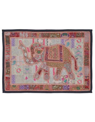Patchworková tapiserie z Rajastanu, ruční práce, vínový slon, 148x104cm