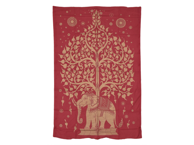 Přehoz s tiskem, červený, zlatý tisk strom života a slon, 137x205cm