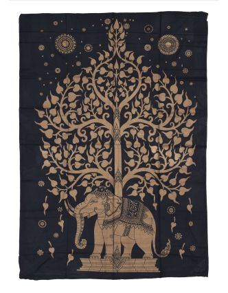 Přehoz s tiskem, černý, zlatý tisk strom života a slon, 140x206cm