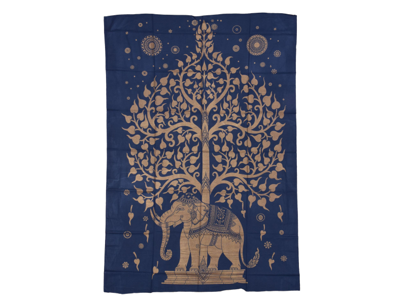 Přehoz s tiskem, modrý, zlatý tisk strom života a slon, 140x206cm