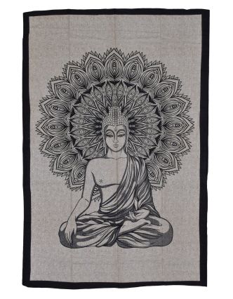 Přehoz s tiskem, Buddha, hnědo-béžový podklad, černý tisk, 140x202cm