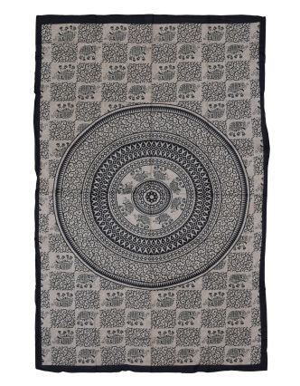 Přehoz s tiskem, Mandala, sloni, béžový, černý tisk, 140x202cm