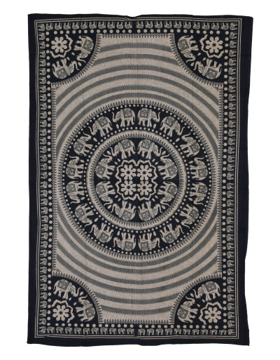 Přehoz s tiskem, Mandala, sloni, béžový, černý tisk, 202x140cm