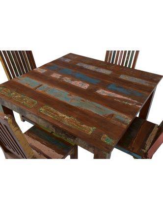 Jídelní stůl a 4 židle v "Goa" stylu, teak, recyklované dřevo, 120x120x78cm