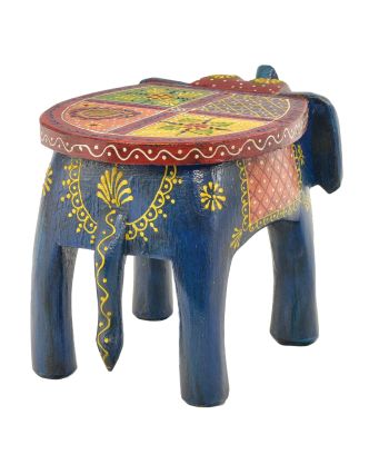 Stolička ve tvaru slona ručně malovaná, modrá, 30x19x18cm