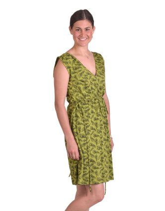 Krátké šaty bez rukávu, zelené, potisk pavích per, gumička šňůrka v pase