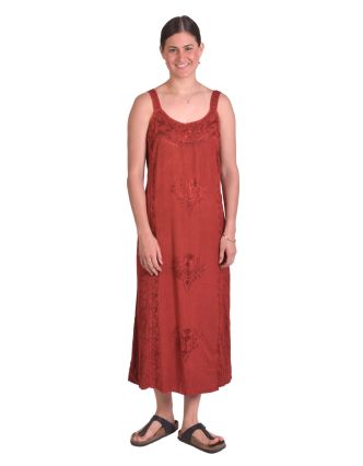 Delší letní volné šaty, tmavě červené, na ramínka, s výšivkou, vázání na zádech