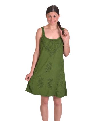 Krátké letní volné šaty, zelené, na ramínka s výšivkou, vázání na zádech