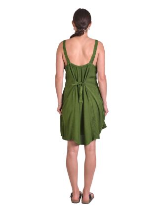 Krátké letní volné šaty, zelené, na ramínka s výšivkou, vázání na zádech