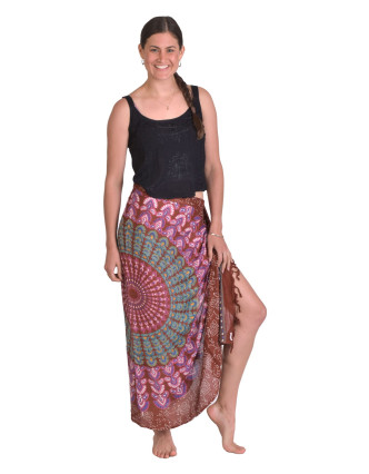 Sárong hnědý s barevnou Mandalou, 100x160cm + třásně, s ručním tiskem