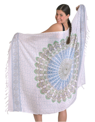 Sárong bílý s barevnou Mandalou, 100x160cm + třásně, s ručním tiskem