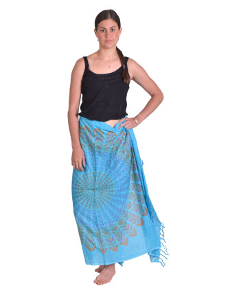 Sárong tyrkysový s barevnou Mandalou, 100x160cm + třásně, s ručním tiskem