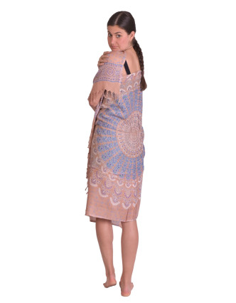 Sárong světle hnědý s barevnou Mandalou, 100x160cm + třásně, s ručním tiskem