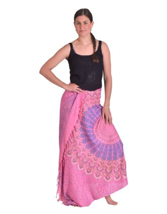 Sárong růžový s barevnou Mandalou, 100x160cm + třásně, s ručním tiskem