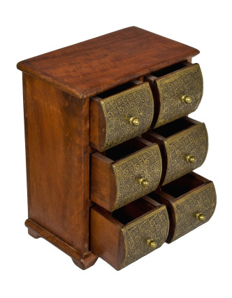 Dřevěná skříňka se 6 šuplíky, tepaná mosazí, 22x15x27cm