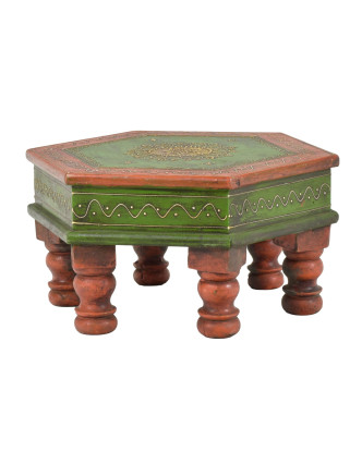 Čajový stolek, malovaný, šestiboký, oranžovo-zelený, starý teak, 33x33x17cm