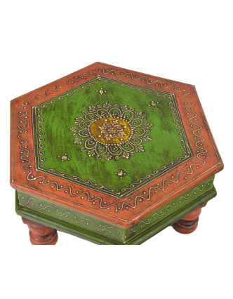 Čajový stolek, malovaný, šestiboký, oranžovo-zelený, starý teak, 33x33x17cm
