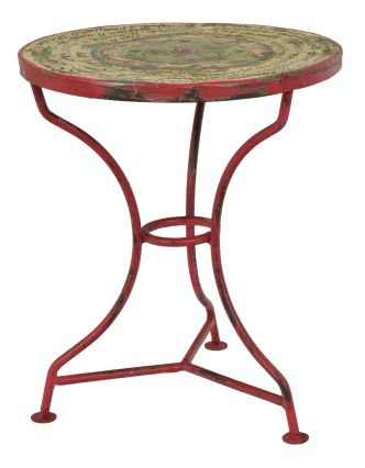 Kovový stolek na třech nožkách, ručně malovaný, 40x40x46cm