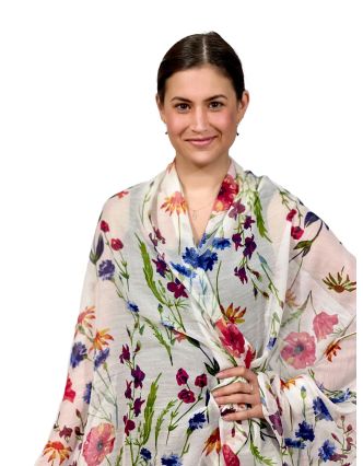 Šátek z viskózy, bílý s potiskem lučních květin, 110x172cm
